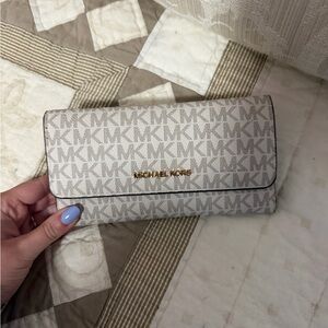 Michael Kors Beige MK Signature Continental Wallet with Gold Logo